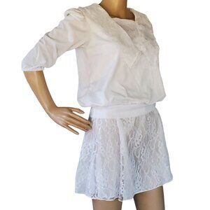 Sharlyn 70s Mini Dress Women's M 3/4 Sleeve Lace Bib Collar Drop Waist White USA